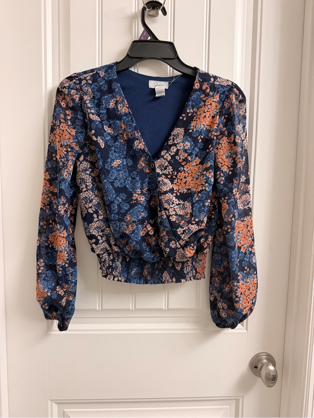 Japna Navy Floral Wrap-Front Blouse with Coral Accents